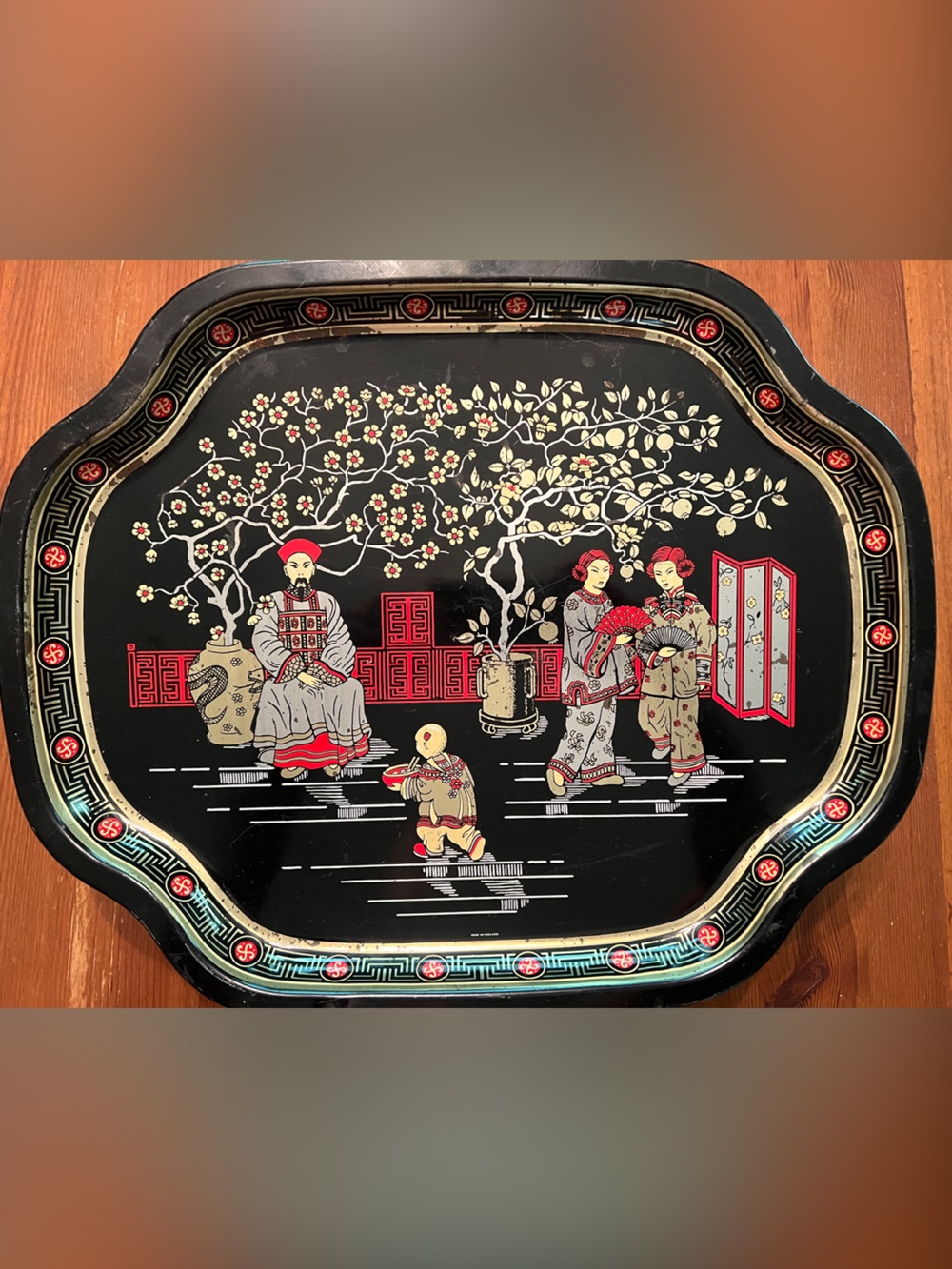 Vintage Oriental Black Decorative Metal tray Made in England